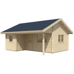 Skan Holz Gartenhaus Ontario, 600x500 cm, mit überdachter Terrasse und drei Räumen.