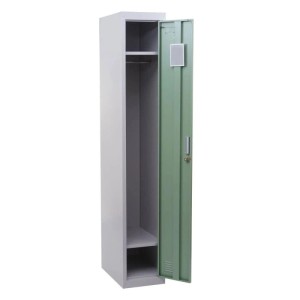 Offener, mintgrüner MCW Spind Boston T163 aus Metall mit Kleiderstange und Spiegel. Büroschrank nach ASR A4.1.