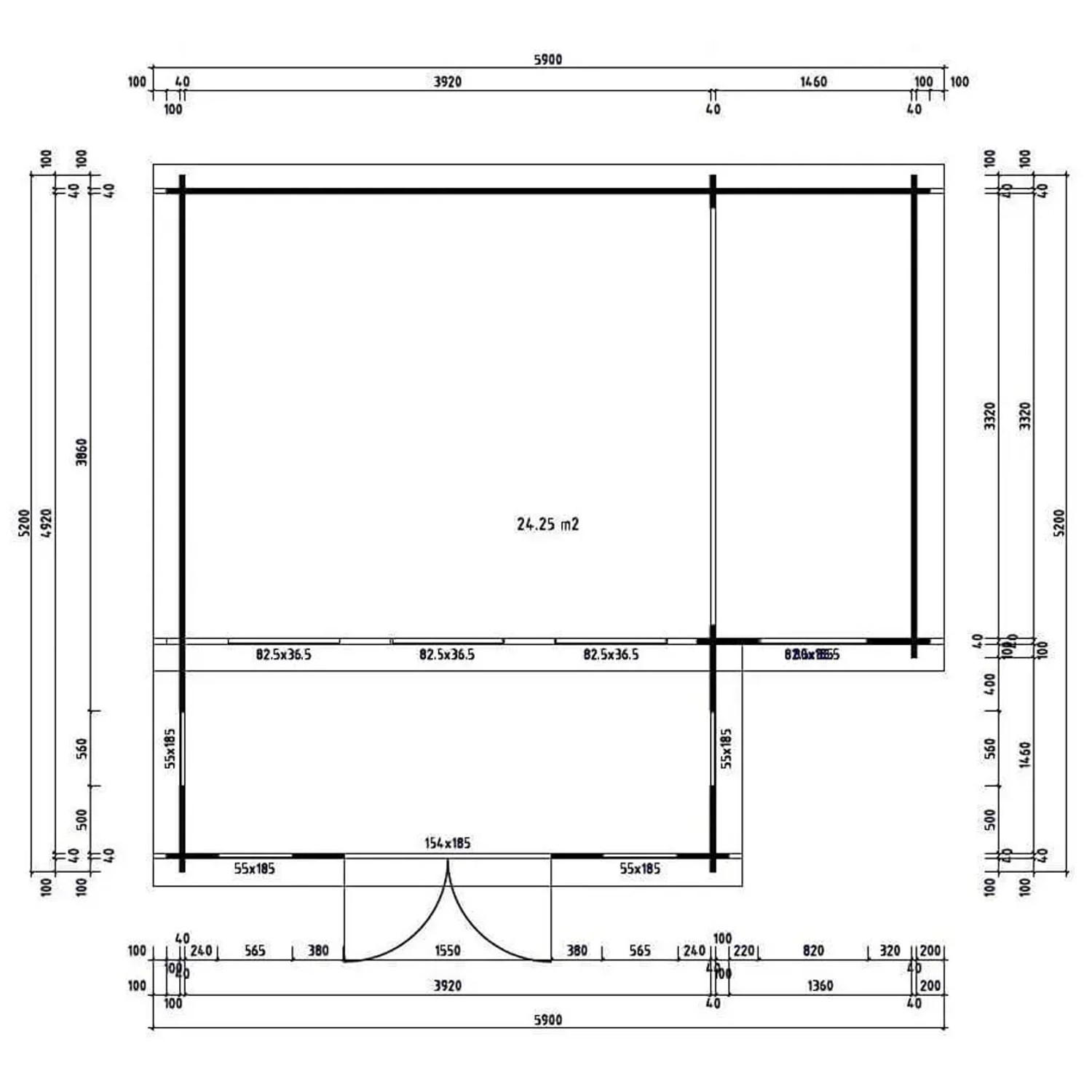 Grundriss Finntherm Gartensauna Lausitz Prima: 590x540cm, 40mm Wandstärke. Details zu Maßen und Raumaufteilung.