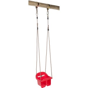 Rote SwingKing Babyschaukel mit Seilen und Gurt zur Montage an Gartenspielgerät.