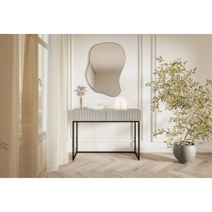 Selsey Veldio Schminktisch, Greige, 110 cm, mit geriffelter Front, zwei Schubladen und schwarzen Metallbeinen.