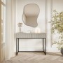 Selsey Veldio Schminktisch, Greige, 110 cm, mit geriffelter Front, zwei Schubladen und schwarzen Metallbeinen.