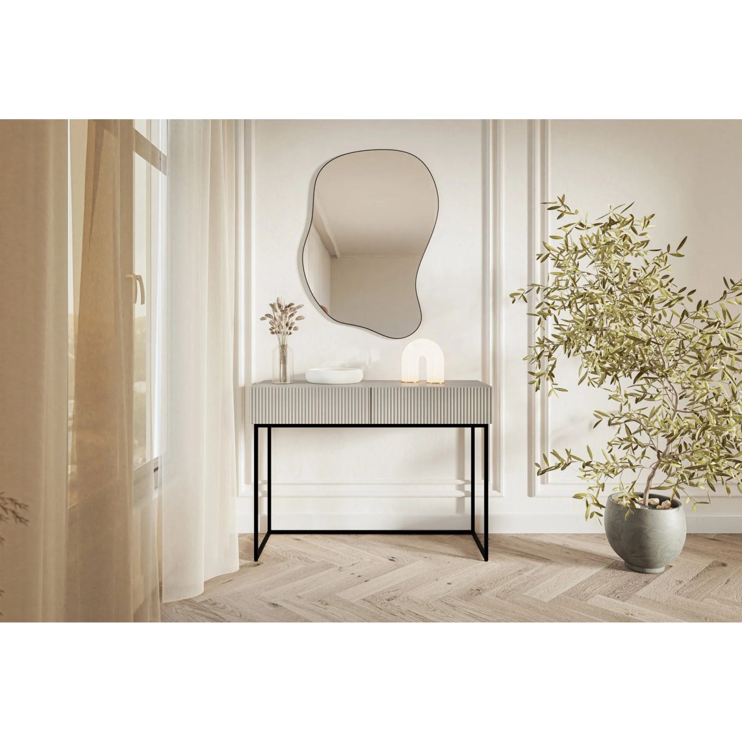 Selsey Veldio Schminktisch, Greige, 110 cm, mit geriffelter Front, zwei Schubladen und schwarzen Metallbeinen.