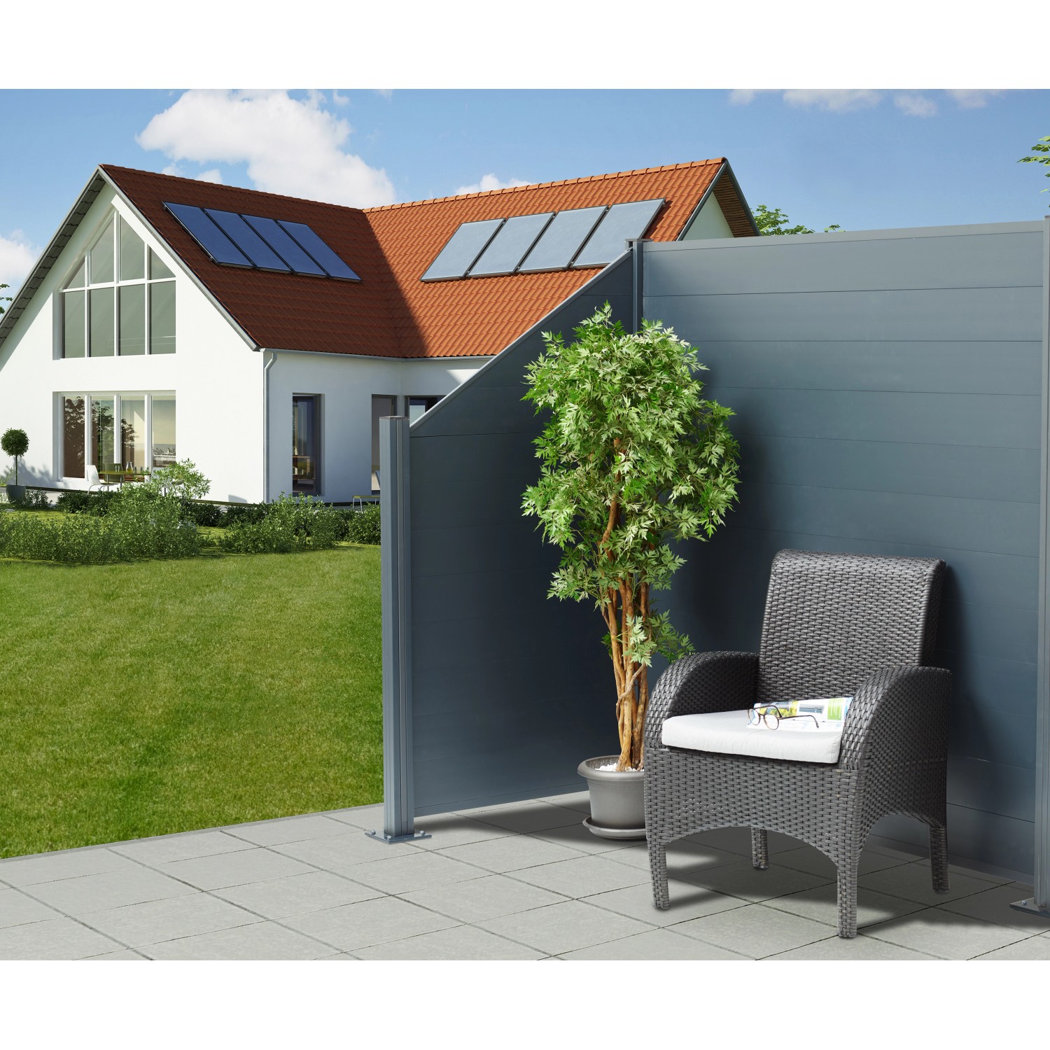 Floraworld Schräg-/Zwischenelement als Sichtschutz im Garten, mit Stuhl und Pflanze dekoriert.