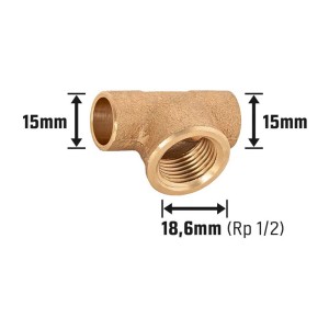 Löt-T-Stück aus Rotguss, 15 mm x 18,6 mm (Rp 1/2), für Kupferrohre.