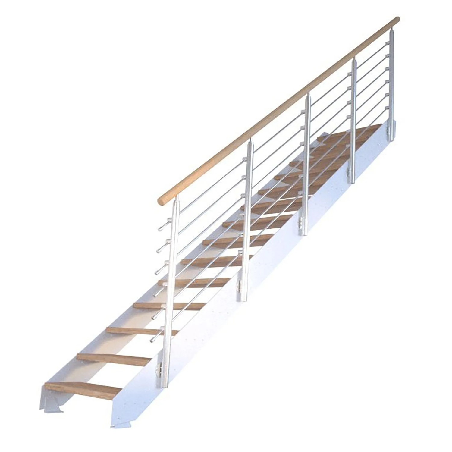 Treppe Kos mit 15 Stufen aus Eiche rustikal, Design-Geländer in Weiß. Metallwangentreppe für den Innenbereich.