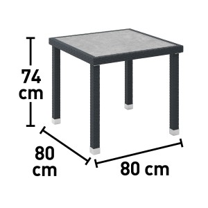 Quadratischer, schwarzer Gartentisch Marnoo (80x80 cm) mit Zement-Optik Tischplatte. Ideal für 4 Personen.