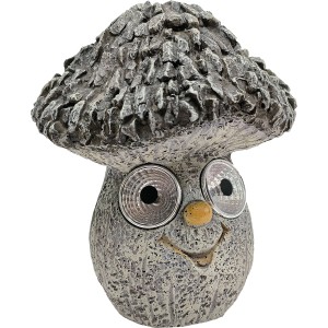 Solar Pilz in Natursteinoptik, Ø 16 cm, 20 cm hoch, mit freundlichem Gesicht und Solarleuchten als Augen.