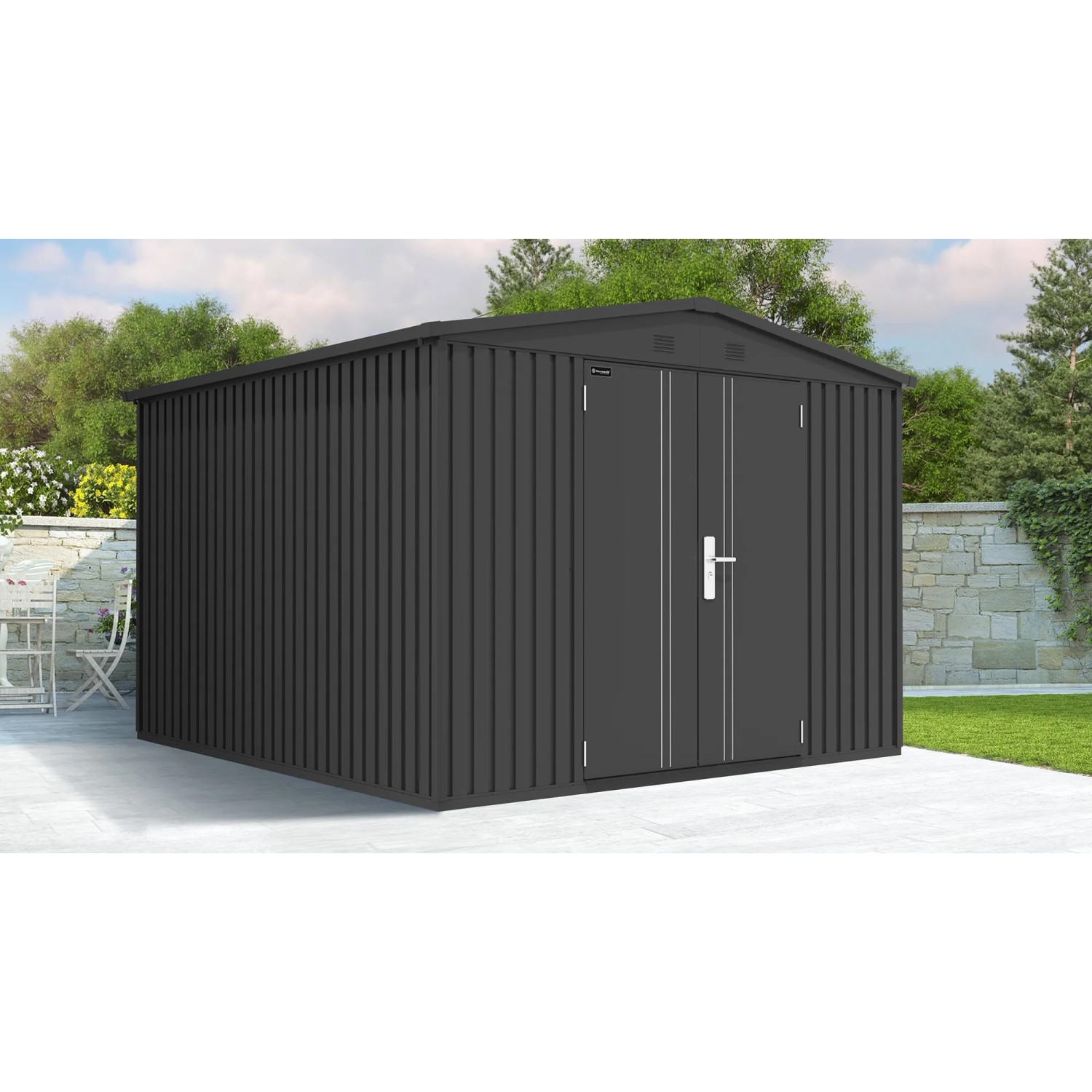 Floraworld Premium Gerätehaus mit Satteldach, 284x206x300 cm, in Metallic-Grau. Gartengerätehaus mit Doppeltür.