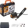 Worx MakerX Akku-Multifunktionswerkzeug WX739 mit Zubehör und Akku in Aufbewahrungsbox.