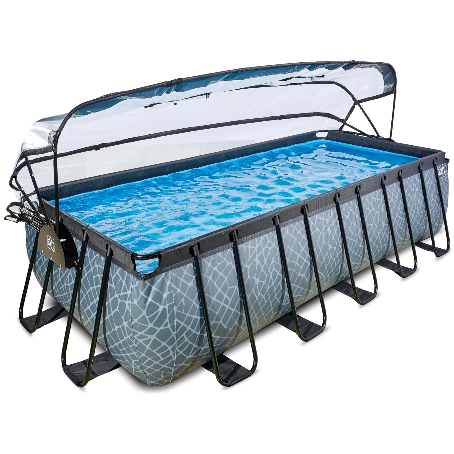 Rechteckiger EXIT Stone Pool in Grau mit Abdeckung und Sandfilterpumpe, 540x250x122cm.