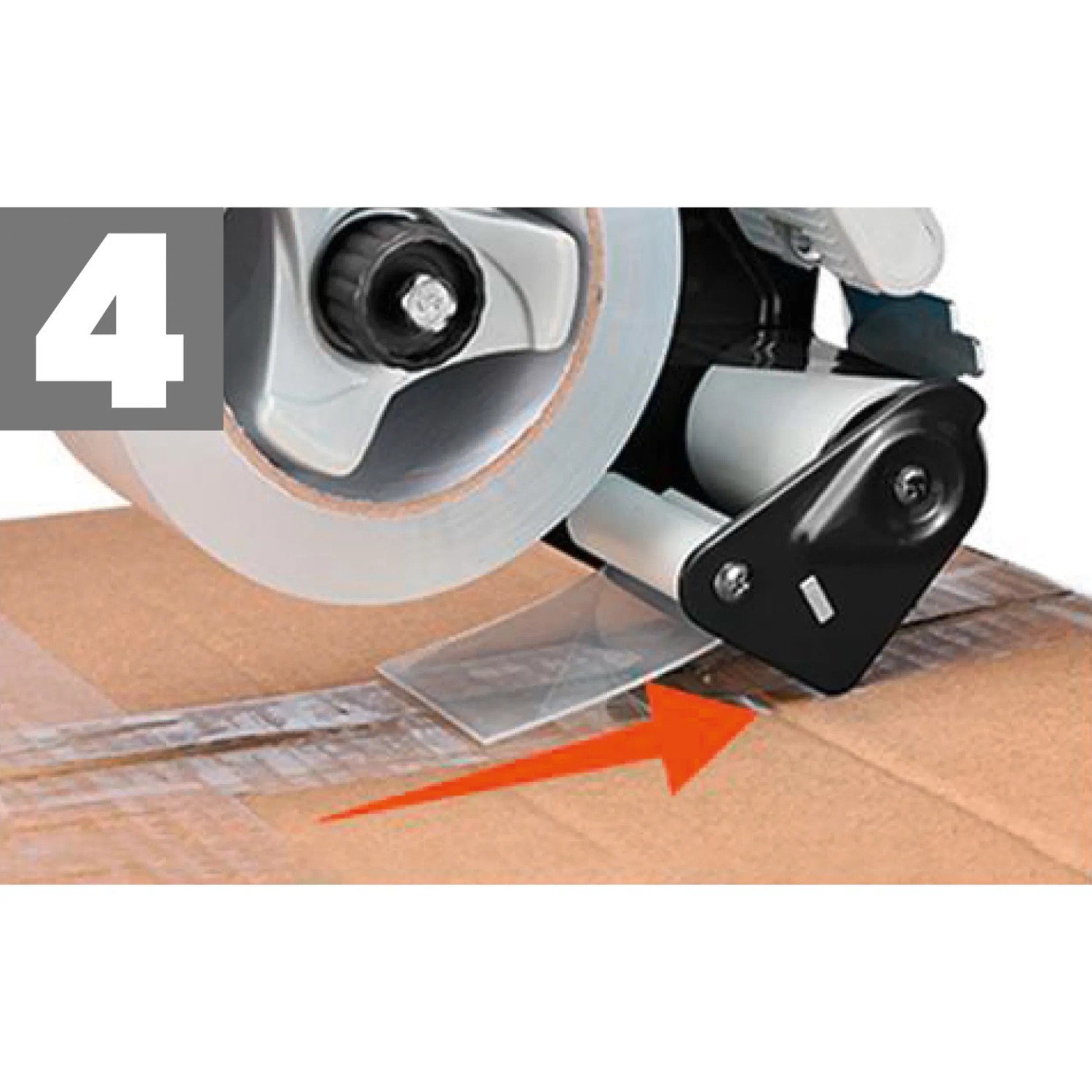 Packbandabroller mit braunem Packband beim Verschließen eines Kartons.