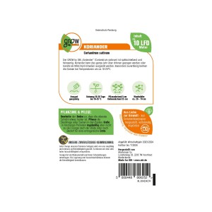 GROW by OBI Koriander Samenpackung mit Infos zu Aussaat, Pflege und Ernte.