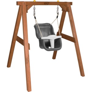 Axi Babyschaukel aus Holz, brauner Rahmen, grauer Sitz mit weißem Sicherheitsbügel. Ideal für Babys und Kleinkinder.