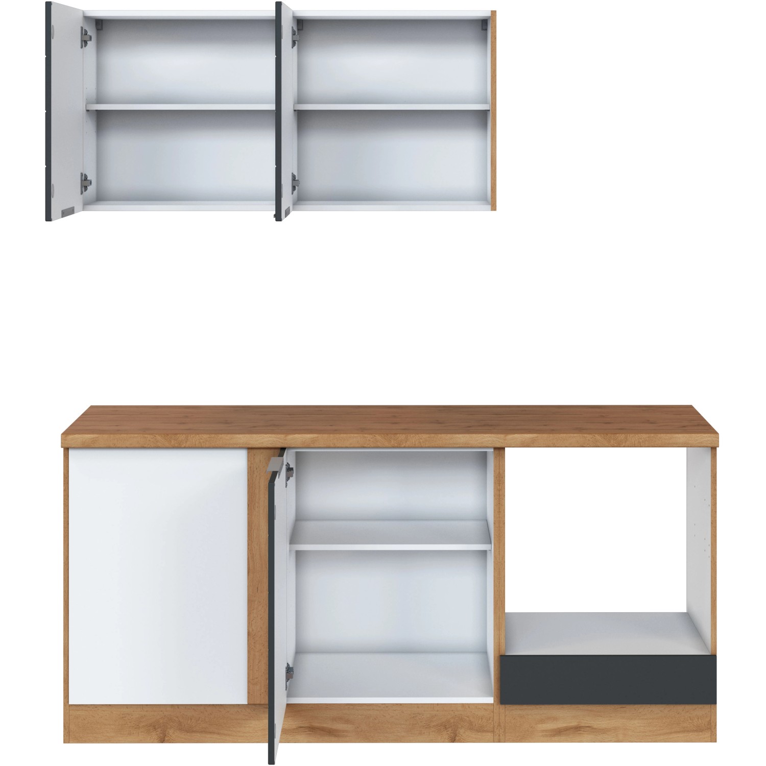 Held Möbel Winkelküche in Grau-Wotaneiche Optik, ohne E-Geräte. Küchenzeile mit Hänge- und Unterschränken.