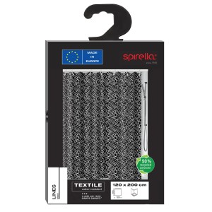 Verpackung des schwarzen Spirella Duschvorhangs Lines, 120x200 cm mit abstraktem Linienmuster.