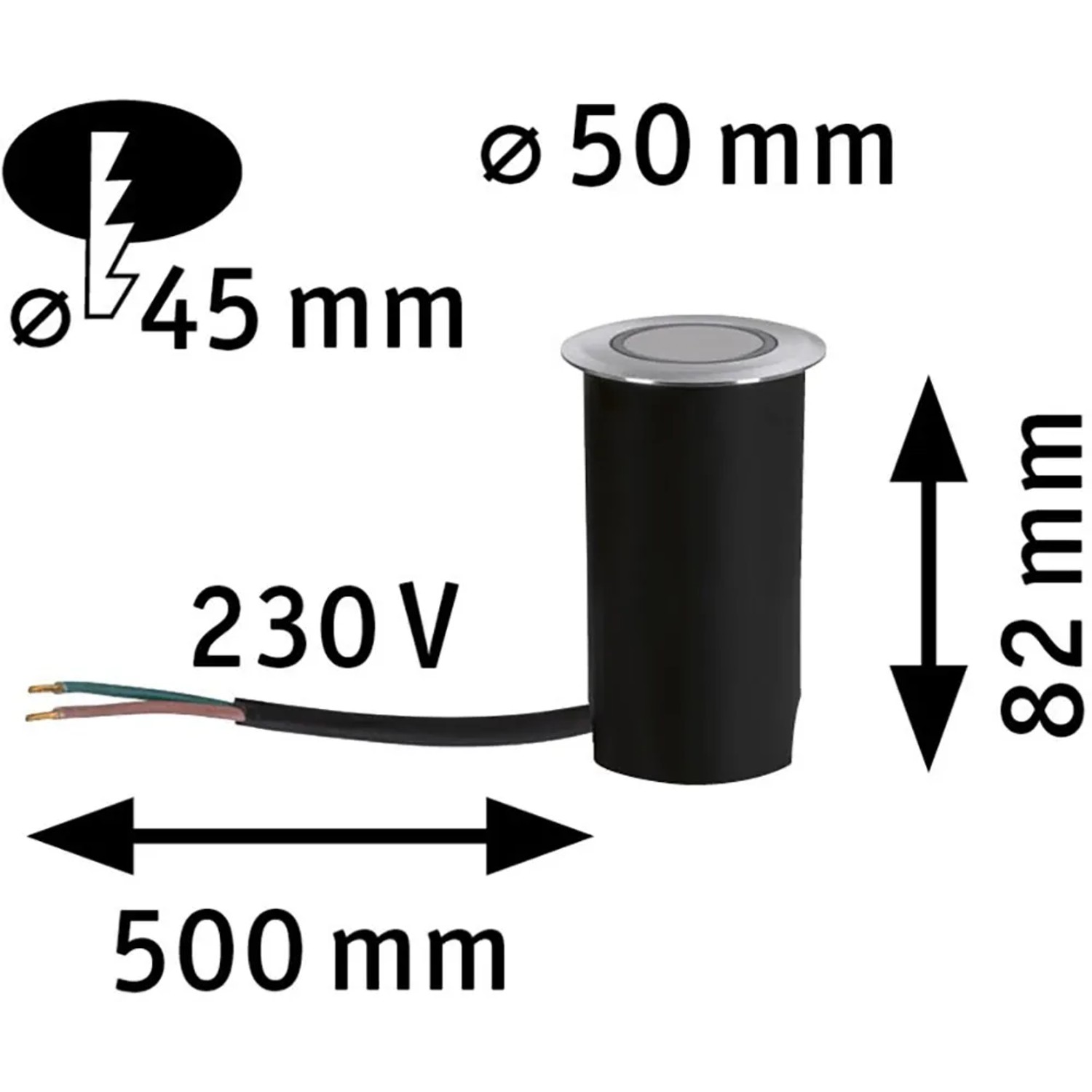 Abbildung des Paulmann LED-Bodeneinbaustrahlers Deko, rund, 230V, insektenfreundlich, mit Maßangaben.