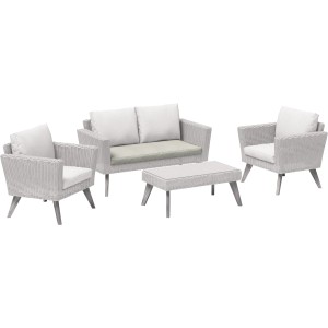 Manila Lounge-Gartenmöbel Set: Doppelsofa, Sessel und Tisch mit beigen Sitzkissen.