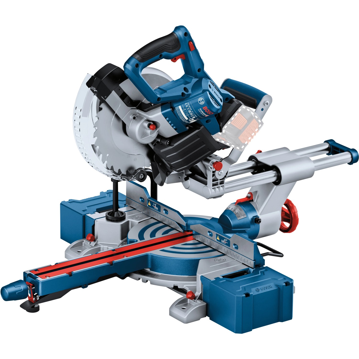 Bosch Professional Akku-Kapp- und Gehrungssäge GCM 18 V-216 D, blau/silber, mit Sägeblatt und Werkstückauflagen.
