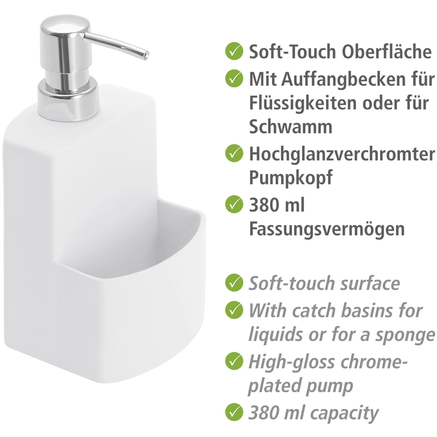 Wenko Spülmittelspender True Colours Festival Weiß mit Schwammhalter.