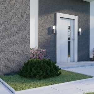 Hausfassade mit Stegu Verblender Umbria Grau Leichtbeton. Moderne Wandverkleidung im Außenbereich.