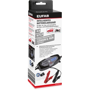 Eufab Intelligentes Batterieladegerät 6/12V 4A mit Ladekabel und Verpackung.