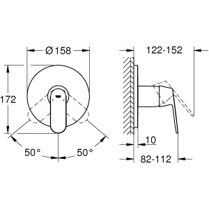 Technische Zeichnung: Grohe Eurosmart Cosmopolitan Einhand-Brausebatterie, Chrom, Maße und Winkelangaben.