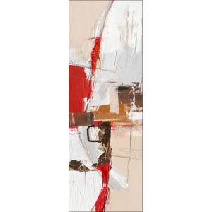 Abstraktes Leinwandbild „Bright & Dark Colours I“, 27x77 cm, mit roten, weißen und braunen Farbakzenten.