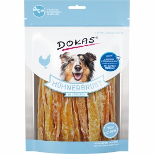 Dokas Hühnerbrust Streifen, 250g, luftgetrockneter Hunde-Kaustreifen aus Hühnchen.