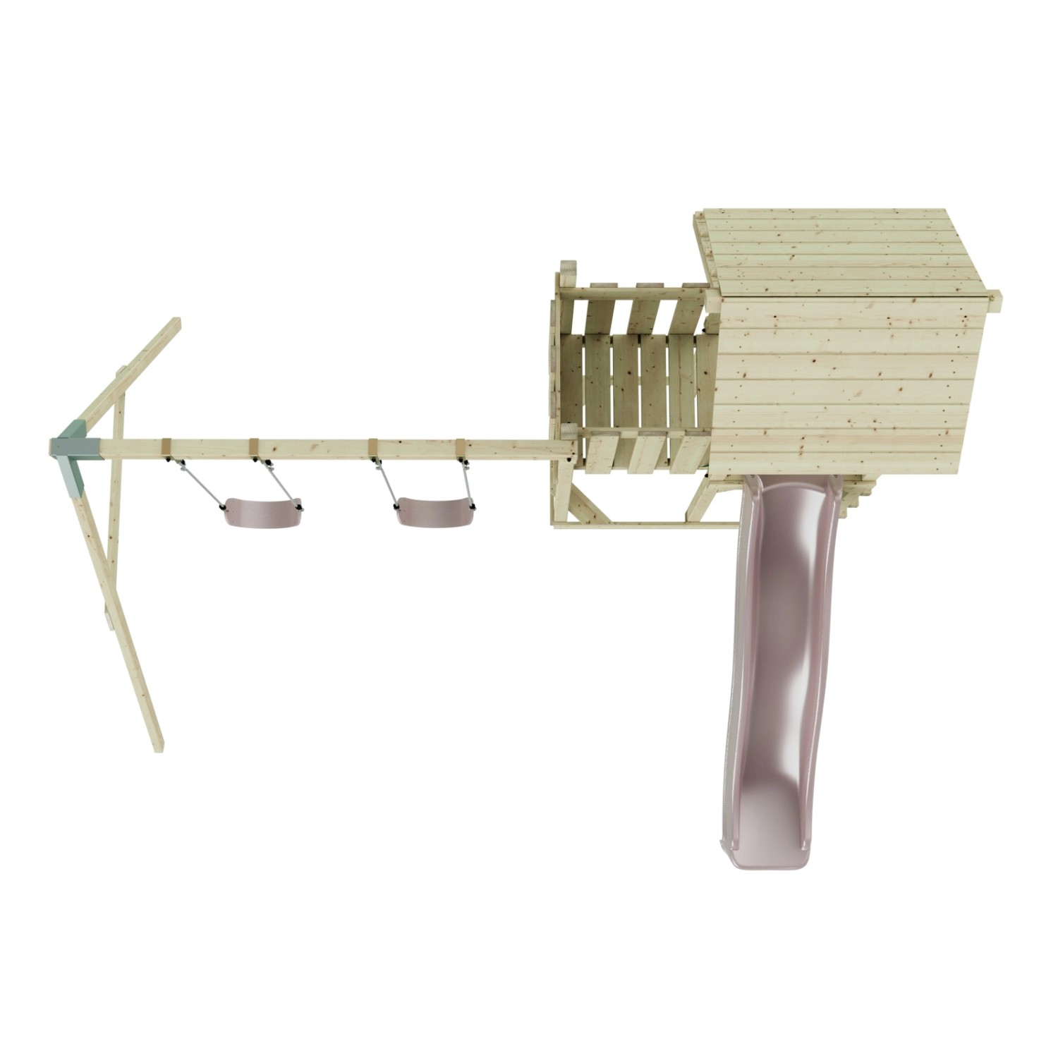 PolarPlay Kinderschaukel Uppsala altrosa mit Rutsche und Spielturm aus Holz.