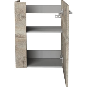 Fackelmann Waschbeckenunterschrank SBC Eiche Natur, 44 cm breit, mit offenstehender Tür und zwei Einlegeböden.