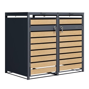 Axi Mülltonnenbox Lucas für 2 Tonnen (je 240 l), anthrazitfarbenes Metall mit Holzoptik.