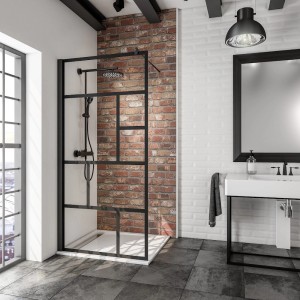 Schulte Alexa Style 2.0 Walk-In Duschwand mit schwarzem Rahmen und Atelier 1 Dekor.