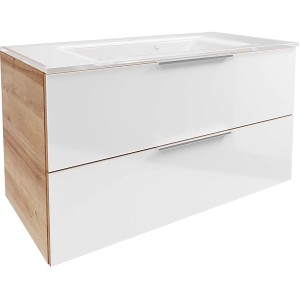 Fackelmann Waschplatz-Set B.Brillant, 100 cm, Asteiche/Glas Weiß, mit zwei Schubladen.