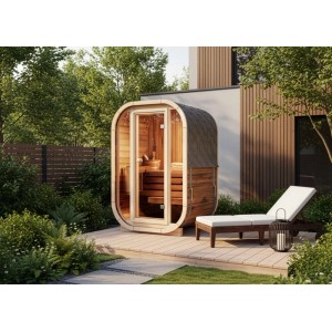 FinnTherm Fasssauna Ellipso S aus Thermoholz mit bronzierter Glastür und Fensterfront.