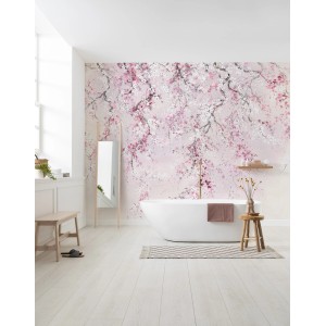Komar Vlies Fototapete Kirschblüten, 300x280cm, im Badezimmer mit Badewanne und Deko.