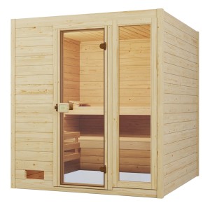 Weka Massivholzsauna Valida mit Glastür und Fenster, naturbelassenes Fichtenholz.