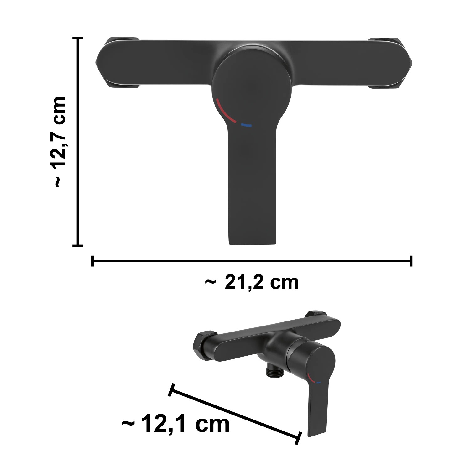 Duscharmatur Bisenzio, Einhebelmischer, Schwarz Matt, mit Maßangaben.