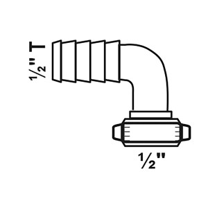 Abbildung einer halben Winkel-Schlauchverschraubung aus Messing, 1/2M x 1/2T, blank.