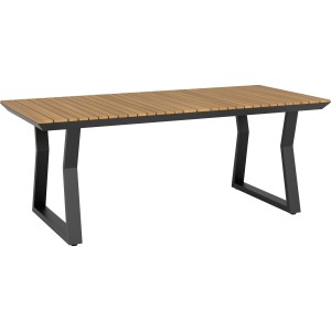 Esstisch Folkston: Gartentisch mit Akazienholz-Tischplatte und schwarzem Aluminiumgestell.