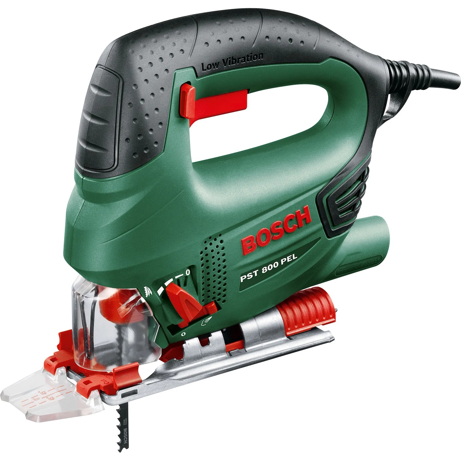 Grüne Bosch Stichsäge PST 800 PEL mit CutControl und Sägeblatt. Ideal für präzise Schnitte.