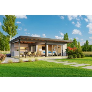 Lasita Maja Ferienhaus Domeo 10, lichtgraues Holz-Gartenhaus mit Anbau und überdachter Terrasse.