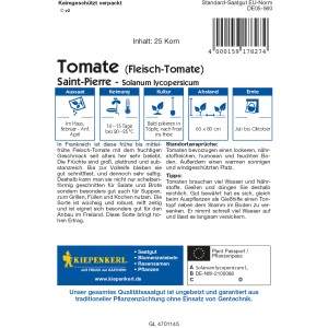 Kiepenkerl Saatgut Fleischtomate Saint-Pierre: Packung mit Infos zu Aussaat, Ernte und Eigenschaften.