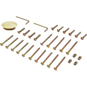 Montagematerial für Gartentisch Chelsea: Schrauben, Muttern, Inbusschlüssel und Abdeckkappe.