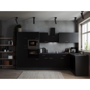 Schwarze Respekta Winkelküche Oliver, 340 cm, mit Elektrogeräten und Arbeitsplatte in Granitoptik.