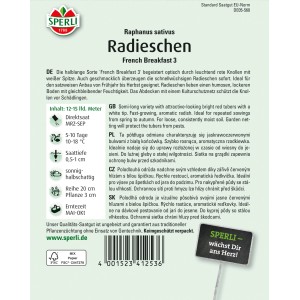 Samenpackung Sperli Radieschen French Breakfast mit roten Radieschen und weißer Spitze.
