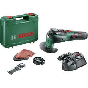 Bosch UniversalMulti 12 Akku-Multifunktionswerkzeug Set mit Akku, Ladegerät und Zubehör im Koffer.
