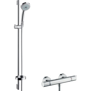 Hansgrohe Croma 100 Brausesystem Aufputz mit Thermostat und Brausestange (90 cm) in Chrom.
