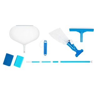 Steinbach Poolreinigungs-Set, 7-teilig: Poolsauger, Kescher, Bürste, Thermometer und Teleskopstange.
