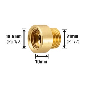 Hahnverlängerung aus Messing, 18,6 mm (Rp 1/2) x 21 mm (R 1/2), 10 mm Verlängerung für Gewindefittings.